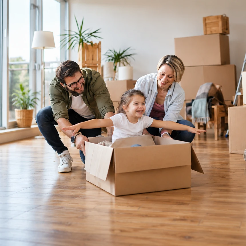 Une famille emménage dans son nouveau logement : la petite fille joue dans un carton, ses parents la poussent en riant