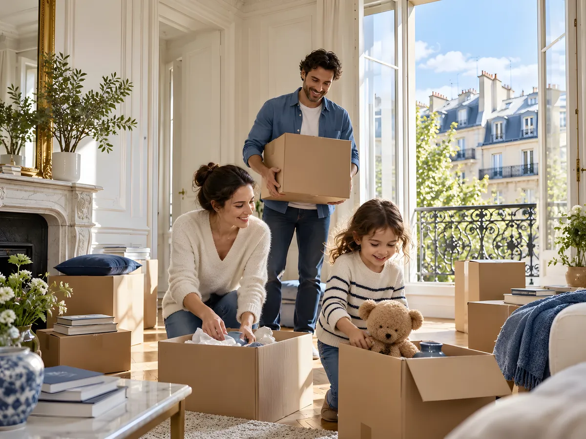 Une famille emménage dans un appartement parisien lumineux : la mère et la petite fille déballent des cartons, le père en porte un, les toits de Paris derrière le balcon