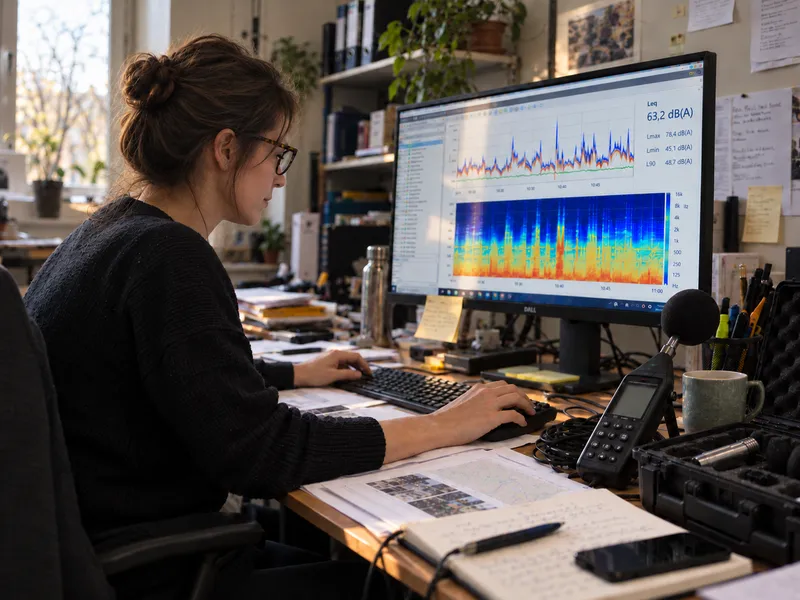 Sophie, analyste acoustique chez Quietly, à son poste