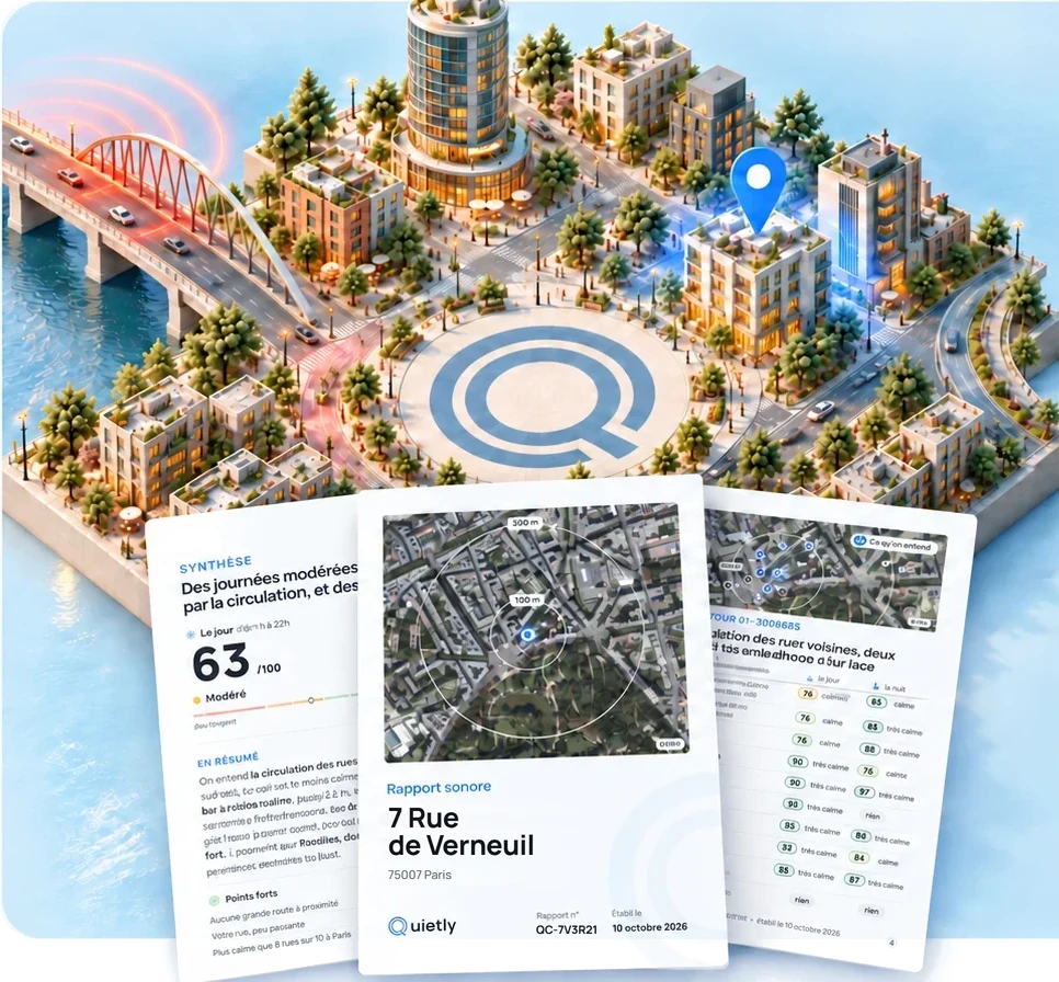 Un quartier calme vu d’en haut, le Q de Quietly au centre, et des pages d’un rapport sonore